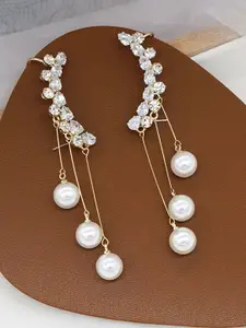 VAGHBHATT Korean Gold-Plated Artificial Stones Studded & Pearls Beaded Tasselled Ear Cuff