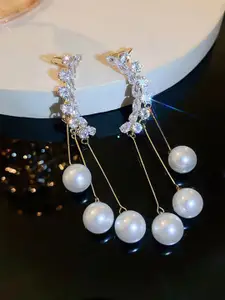 KRENOZ Gold-Plated Stones Studded & Beaded Contemporary Shaped Korean Drop Earrings