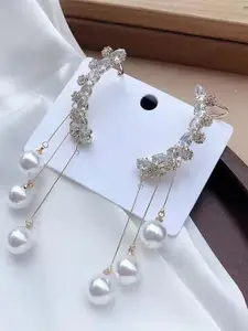 VAGHBHATT Korean Gold-Plated Artificial Stones Studded & Pearls Beaded Tasselled Ear Cuff