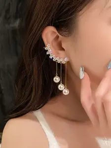 KRENOZ Gold-Plated American Diamond Studded & Pearls Beaded Tasselled Korean Drop Earrings