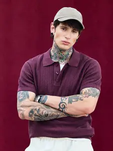 Snitch Bordeaux Burgundy Textured Relaxed Fit Polo T-Shirt