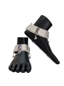 JollyStar Set Of 2 Silver-Plated Artificial Stones Studded and Beaded Anklet