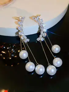 VAGHBHATT Korean Gold-Plated Artificial Stones Studded & Pearls Beaded Tasselled Ear Cuff