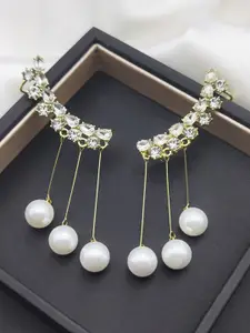 VAGHBHATT Korean Gold-Plated Artificial Stones Studded & Pearls Beaded Tasselled Ear Cuff