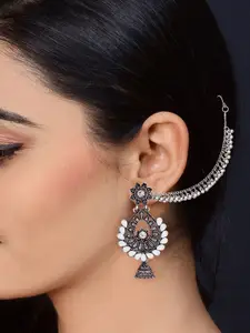 DIVASTRI Rhodium-Plated Artificial Stones Studded Oval Shaped Drop Earrings