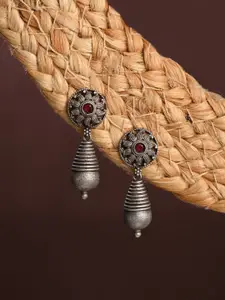 Anvik Silver-Plated Artificial Stones Studded & Beaded Contemporary Drop Earrings