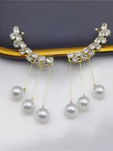 KRENOZ Gold-Plated American Diamond Studded & Pearls Beaded Tasselled Korean Drop Earrings