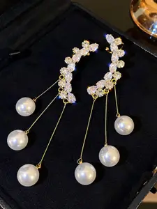 KRENOZ Gold-Plated American Diamond Studded & Pearls Beaded Tasselled Korean Drop Earrings