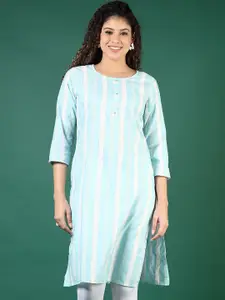 V-Mart Striped Cotton Thread Work Round Neck Straight Kurta