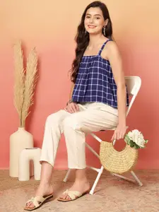 Sangria Checked Shoulder Straps Pure Cotton Crop Top With Trouser