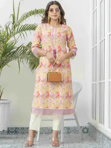 Sangria Floral Printed Round Neck Straight Kurta