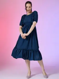 Raiyani Fashion Women Round Neck Puff Sleeve Ruffles Pleated Fit & Flare Midi Dress