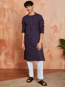 VASTRAMAY Geometric Ikat Printed Band Collar Straight Kurta with Pyjamas