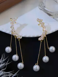KRENOZ Gold-Plated American Diamond Studded & Pearls Beaded Tasselled Korean Drop Earrings