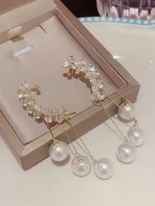 KRENOZ Gold-Plated American Diamond Studded & Pearls Beaded Tasselled Korean Drop Earrings