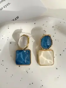 SUBHAGALANKAR Gold-Plated Square Artificial Stones Studded Drop Earrings