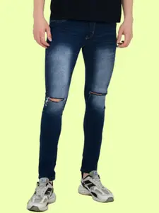 LINARIA Men Cotton Classic Slim Fit Mid-Rise Slash Knee Heavy Fade Jeans