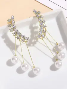 KRENOZ Gold-Plated American Diamond Studded & Pearls Beaded Tasselled Korean Drop Earrings