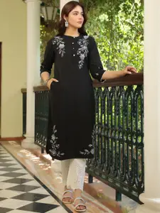 SAVI Floral Embroidered Mandarin Collar Thread Work Pure Cotton Straight Kurta