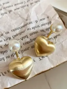 SUBHAGALANKAR Korean Gold-Plated Pearls Studded Heart Shaped Drop Earrings