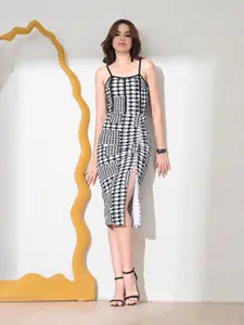 IUGA Monochrome Print Shoulder Straps Slit Bodycon Midi Dress