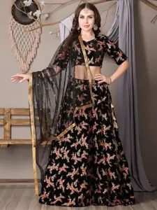 Ethnovog Floral Embroidered Thread Work Velvet Semi-Stitched Lehenga With Choli & Dupatta