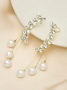 KRENOZ Gold-Plated Stones Studded & Beaded Contemporary Shaped Korean Drop Earrings