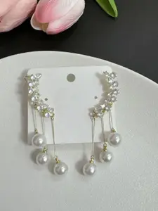 KRENOZ Gold-Plated American Diamond Studded & Pearls Beaded Tasselled Korean Drop Earrings