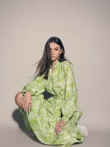 Vero Moda Women Conversational Print Belted Smocked Fit & Flare Maxi Dress