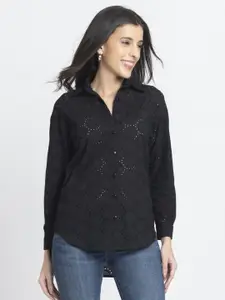 SHAYE Women Relaxed Fit Self Design Pure Cotton Schiffli Casual Shirt