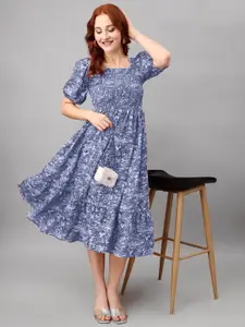 Raiyani Fashion Floral Print Puff Sleeve Fit & Flare Midi Dress