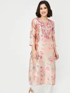 max Floral Printed Thread Work Notch Neck Straight Kurta