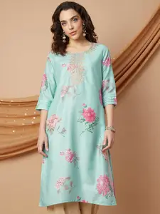Melange by Lifestyle Floral Printed Thread Work Round Neck Straight Kurta