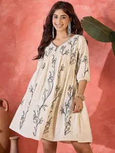 Sangria Embroidered Cotton V-Neck Dresses