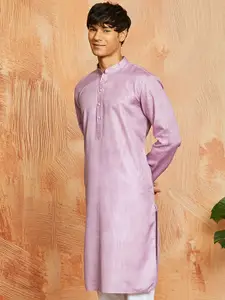 VASTRAMAY Striped Mandarin Collar Kantha Work Cotton Straight Kurta