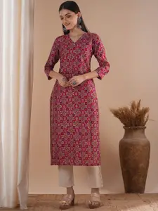 FASHOR Ethnic Motifs Printed V-Neck Silk Straight Kurta