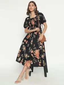 Raiyani Fashion Floral Printed Puff Sleeve Smocked Fit & Flare Midi Dress