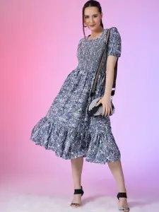 Raiyani Fashion Women Floral Print Square Neck Puff Sleeve Smocked Fit & Flare Midi Dress