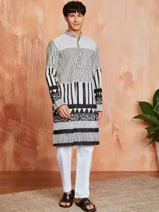 VASTRAMAY Striped Mandarin Collar Jacquard Weave Straight Kurta with Pyjamas