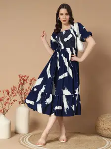 Raiyani Fashion Women Abstract Print Smocked Puff Sleeve Fit & Flare Midi Dress
