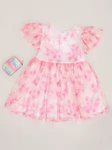Pantaloons Junior Girl Floral Print Sequined Flutter Sleeve Fit & Flare Dress