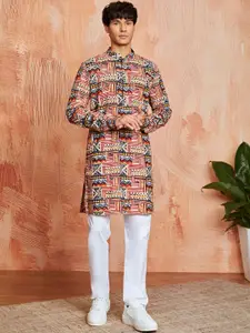 VASTRAMAY Geometric Block Printed Mandarin Collar Cotton Straight Kurta With Pyjama