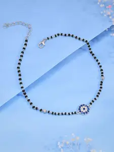 GIVA 925 Silver-Plated Stone Studded & Beaded Sparkling Evil Eye Anklet