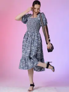 Raiyani Fashion Floral Print Puff Sleeve Fit & Flare Midi Dress