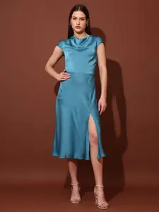 PURVAJA Cowl Neck Satin Fit & Flare Midi Dress