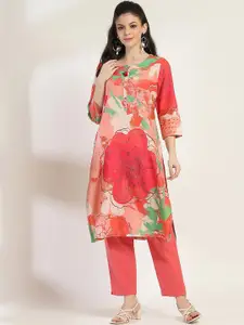 Rangriti Floral Printed Round Neck Cotton Straight Kurta