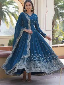 Fashion Basket Women Embroidered Sequined Fit and Flare Ethnic Dress With Dupatta