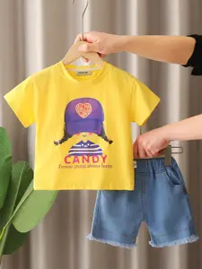 INCLUD Girls Printed Round Neck T-shirt With Shorts