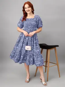 Raiyani Fashion Floral Print Square Neck Puff Sleeve Fit & Flare Midi Dress