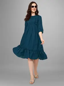 Raiyani Fashion Women Round Neck Puff Sleeves Ruffles Tiered Fit & Flare Midi Dress